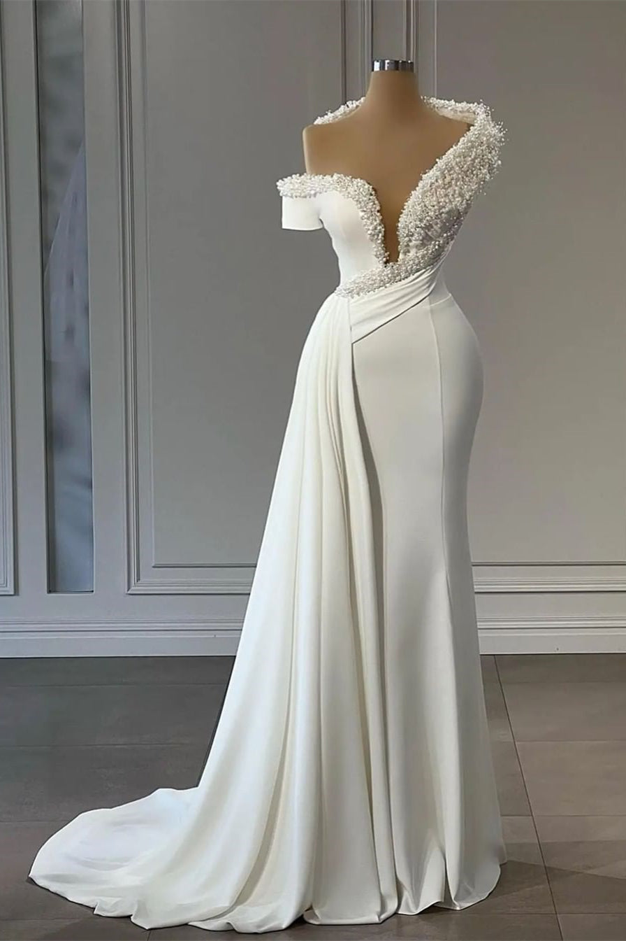 Chic V-Neck Off-The-Shoulder Beading Sleeveless Mermaid Bridal Dress Main image