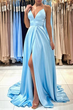 Chic V-Neck Sleeveless Satin Evening Dress With Slit Long Blue