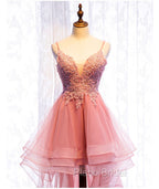 Chic V-neckline Lace Applique Tulle High Low Straps Homecoming Dresses, Tulle Short Formal Prom Dresses
