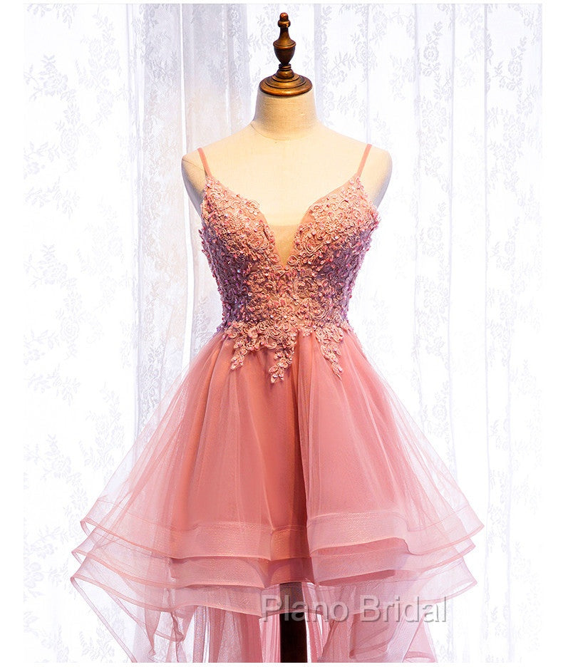 Chic V-neckline Lace Applique Tulle High Low Straps Homecoming Dresses, Tulle Short Formal Prom Dresses