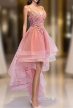 Chic V-neckline Lace Applique Tulle High Low Straps Homecoming Dresses, Tulle Short Formal Prom Dresses