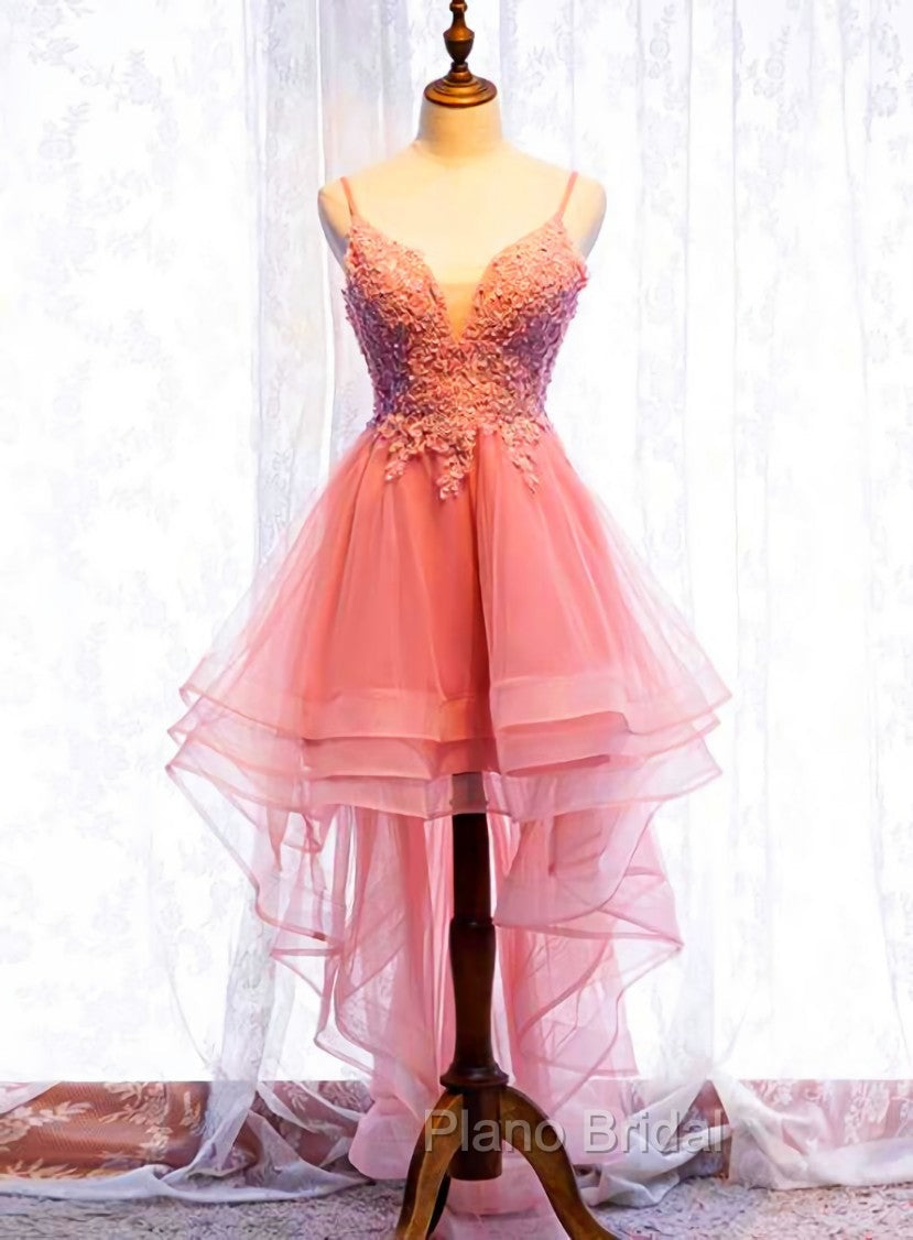 Chic V-neckline Lace Applique Tulle High Low Straps Homecoming Dresses, Tulle Short Formal Prom Dresses Main image