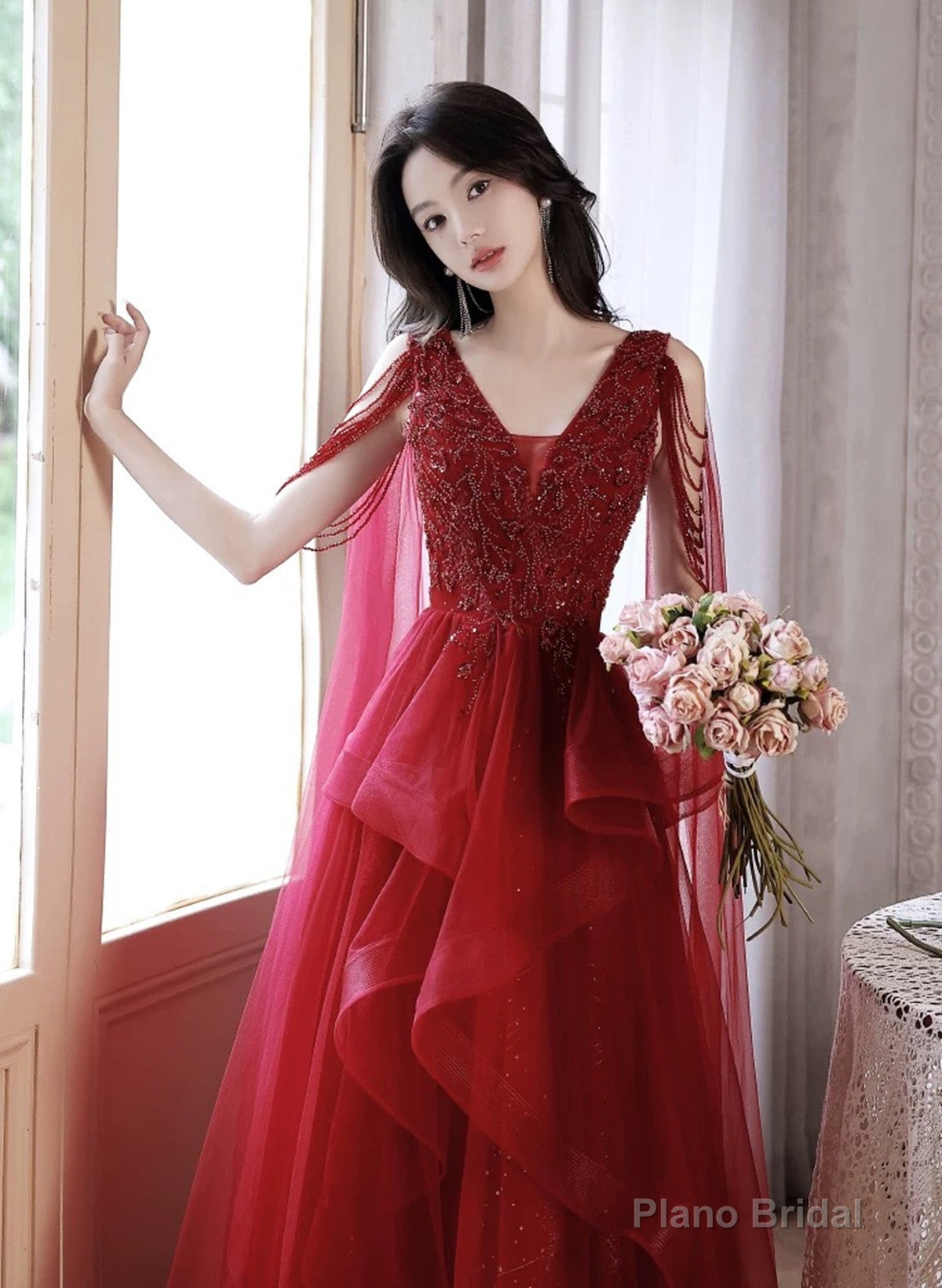 Chic V-neckline Tulle Floor Length Party Dress, Wine Red Tulle Prom Dress Secondary image