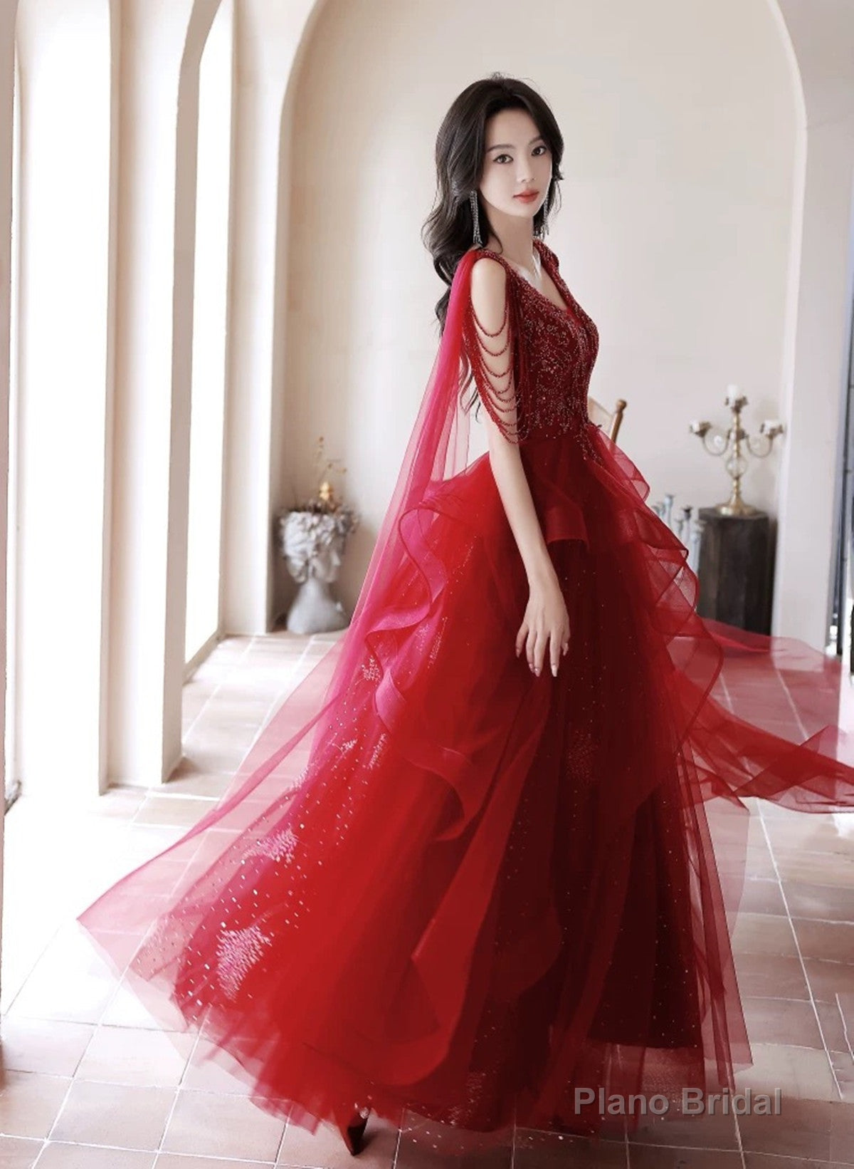 Chic V-neckline Tulle Floor Length Party Dress, Wine Red Tulle Prom Dress Main image
