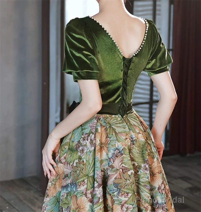 Chic Velvet Floral Short Sleeves Long Prom Dress, Green Sweetheart Party Dress