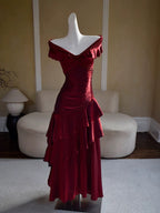 Chic Wine Red Off Shoulder Satin Layers Long Formal Prom Dresses, Wine Red V-Neckline Formal Evening Dresses
