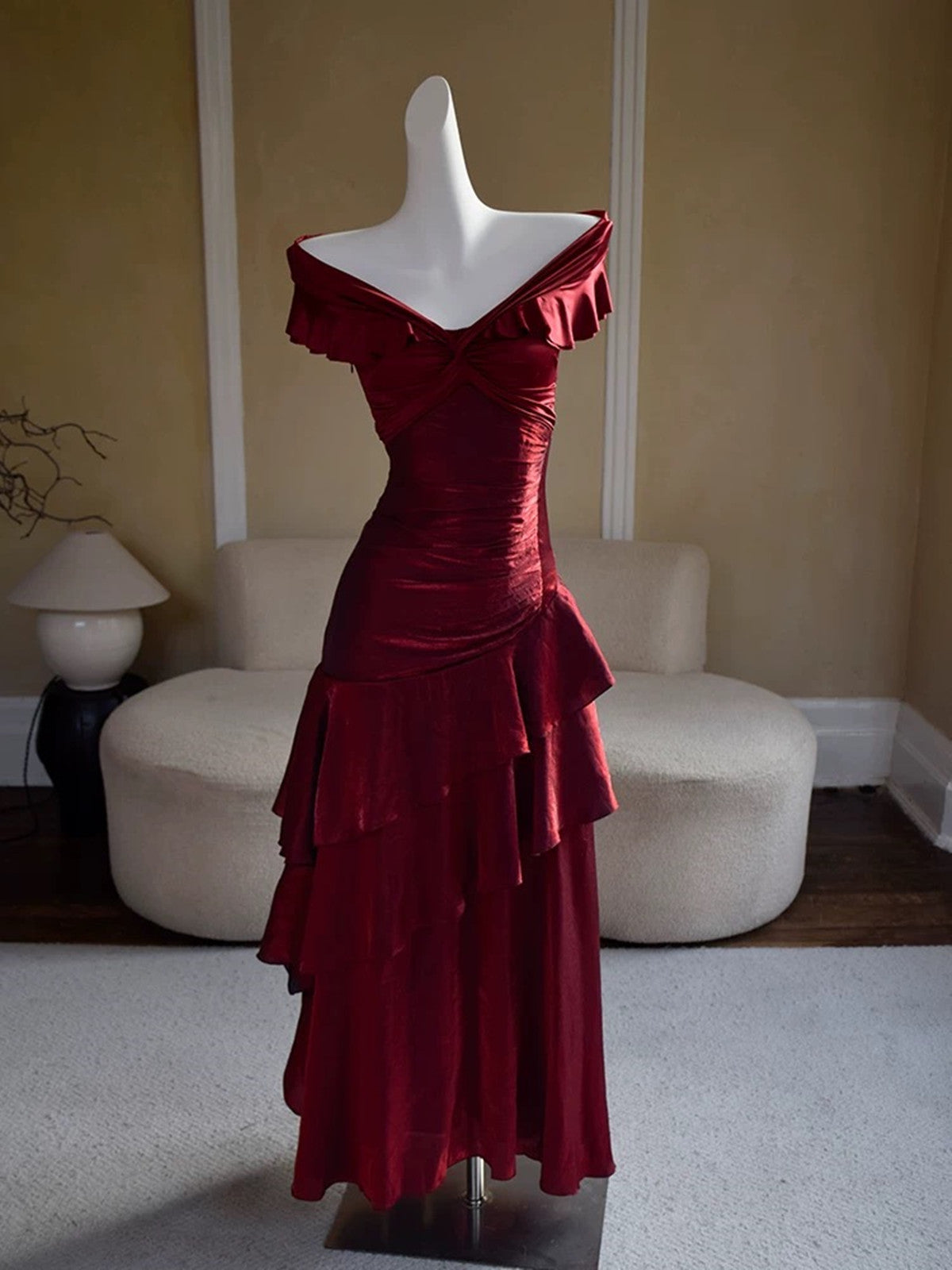 Chic Wine Red Off Shoulder Satin Layers Long Formal Prom Dresses, Wine Red V-Neckline Formal Evening Dresses