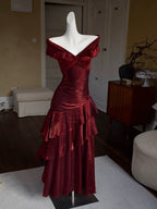 Chic Wine Red Off Shoulder Satin Layers Long Formal Prom Dresses, Wine Red V-Neckline Formal Evening Dresses
