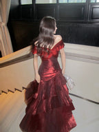 Chic Wine Red Off Shoulder Satin Layers Long Formal Prom Dresses, Wine Red V-Neckline Formal Evening Dresses