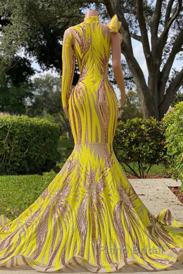 Chic Yellow Long Mermaid High Neck Tulle Lace Formal Prom Dress with Sleeves Secondary image