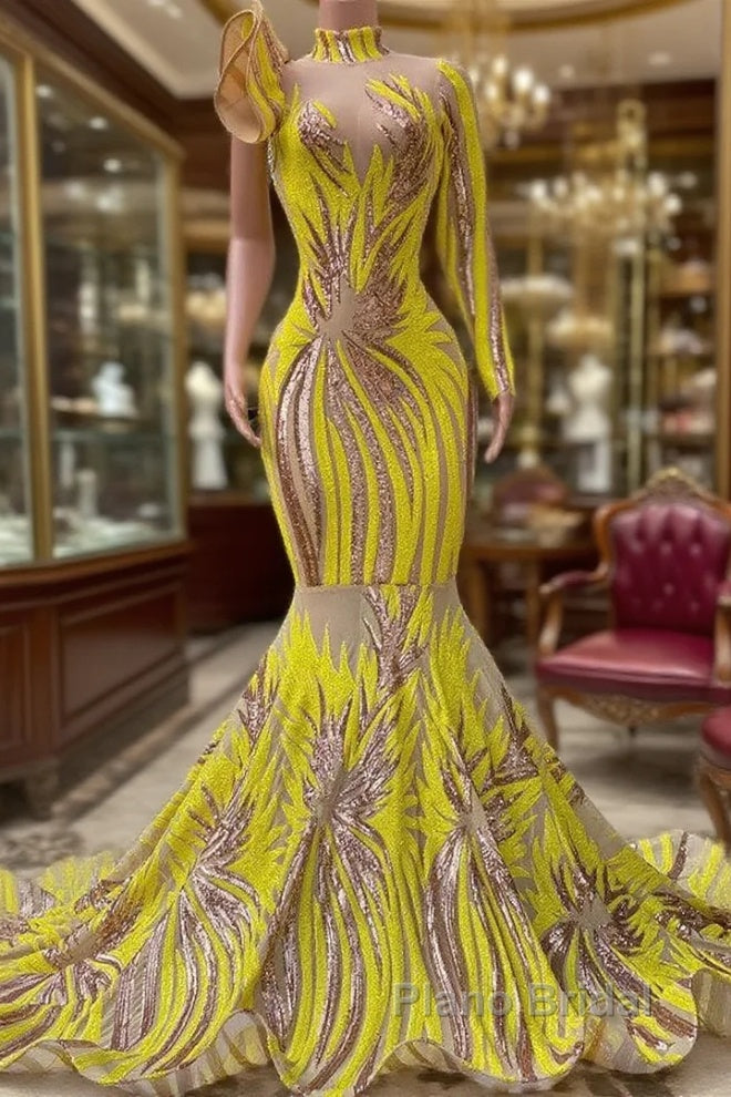 Chic Yellow Long Mermaid High Neck Tulle Lace Formal Prom Dress with Sleeves Main image