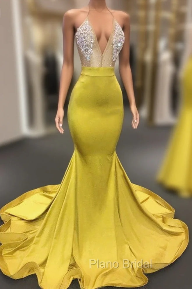 Chic Yellow Sleeveless Crystals Sheer Tulle Formal Prom Dresses New Arrival Mermaid Formal Evening Gowns Main image