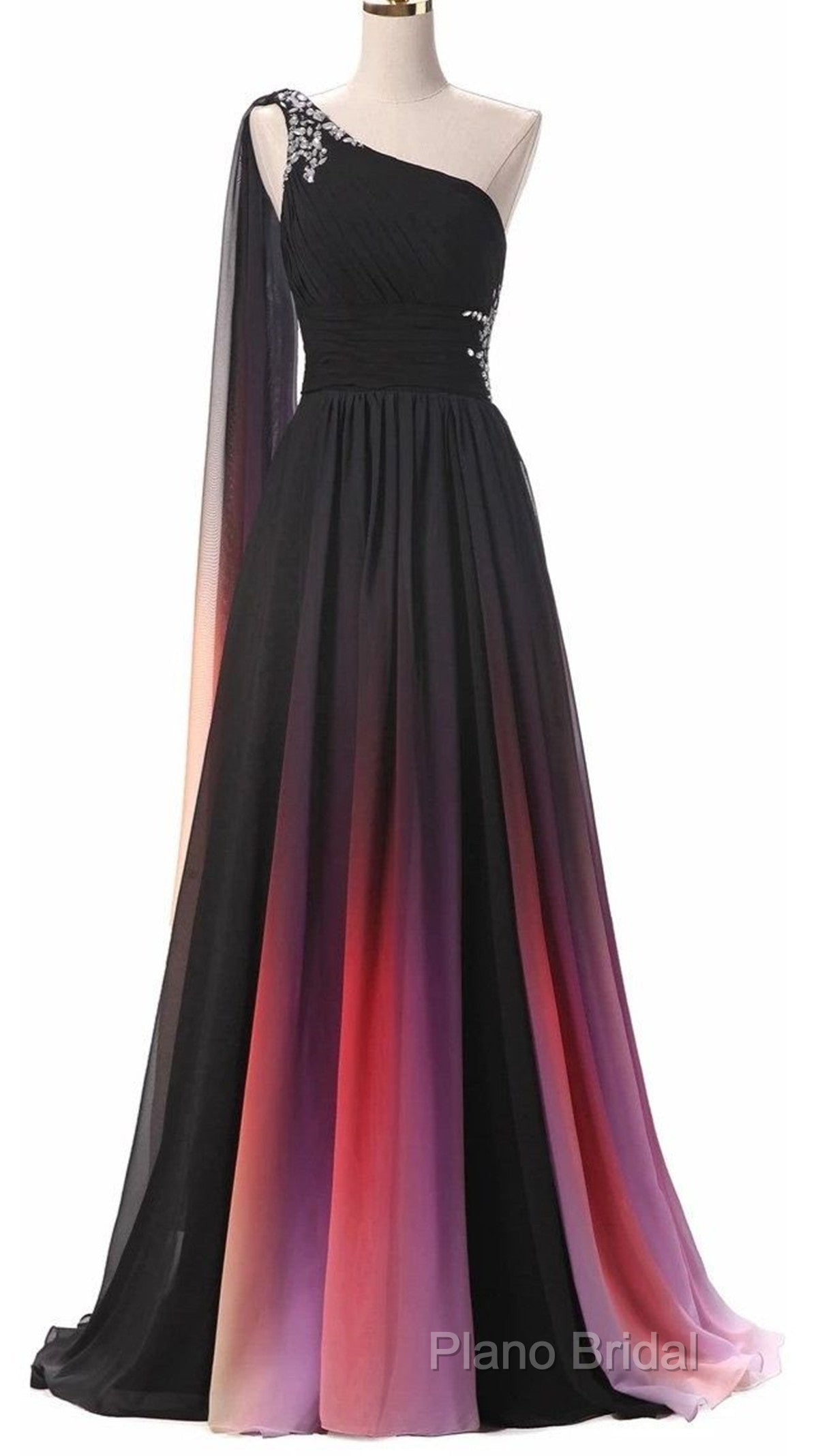 Chiffon A-Line Gradient One Shoulder Formal Dresses, Chiffon Formal Prom Dresses Party Dresses