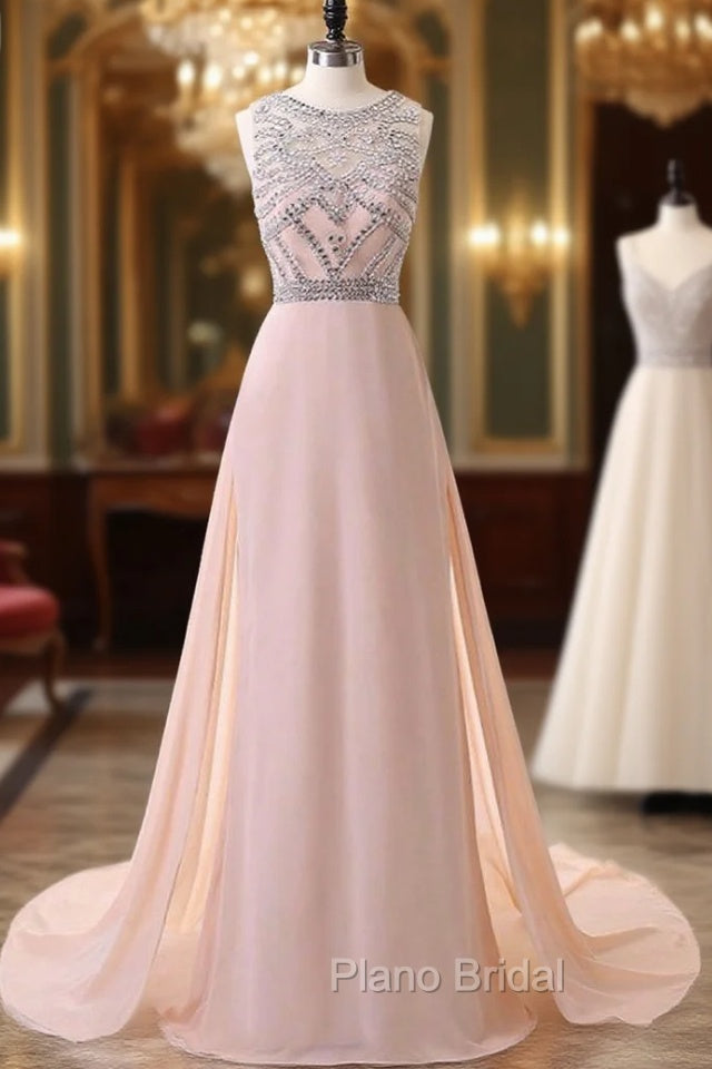 Chiffon Beaded Scoop A Line Light Blue Evening Dresses Long