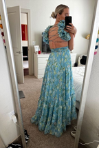Blue Elegant Chiffon Floral Long Formal Prom Dresses Formal Evening Gown Garden Party Dresses
