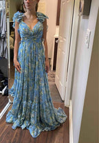 Blue Elegant Chiffon Floral Long Formal Prom Dresses Formal Evening Gown Garden Party Dresses