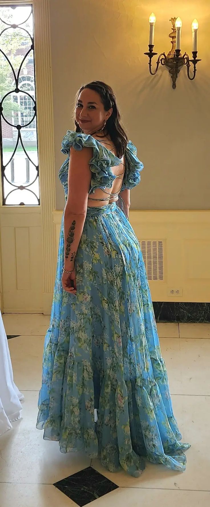 Blue Elegant Chiffon Floral Long Formal Prom Dresses Formal Evening Gown Garden Party Dresses