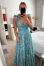 Blue Elegant Chiffon Floral Long Formal Prom Dresses Formal Evening Gown Garden Party Dresses