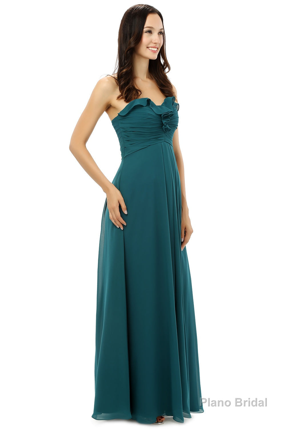 Chiffon Hunter Green Sweatheart Neck Long Bridesmaid Dresses