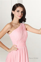 Chiffon Pink One Shoulder Long Bridesmaid Dresses