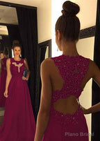 Chiffon Prom Dresses A-Line/Princess Scoop Neck Sweep Train With Appliqued Beaded