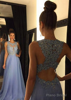 Chiffon Prom Dresses A-Line/Princess Scoop Neck Sweep Train With Appliqued Beaded