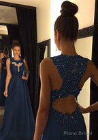Chiffon Prom Dresses A-Line/Princess Scoop Neck Sweep Train With Appliqued Beaded