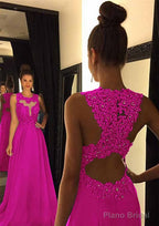 Chiffon Prom Dresses A-Line/Princess Scoop Neck Sweep Train With Appliqued Beaded