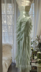 Chiffon Sheath Spaghetti Strap Ruffled Formal Prom Dresses With Beading Evening Dresses