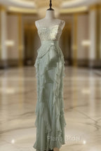 Chiffon Sheath Spaghetti Strap Ruffled Formal Prom Dresses With Beading Evening Dresses