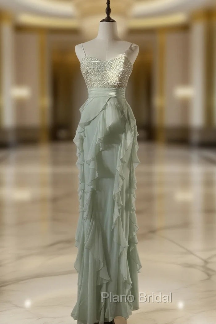 Chiffon Sheath Spaghetti Strap Ruffled Formal Prom Dresses With Beading Evening Dresses