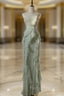 Chiffon Sheath Spaghetti Strap Ruffled Formal Prom Dresses With Beading Evening Dresses