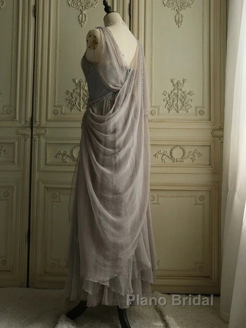 Chiffon Spaghetti Straps Transparent Beads Sweetheart Neck Grey Long Formal Prom Dresses Secondary image