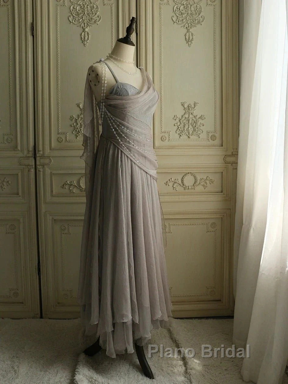 Chiffon Spaghetti Straps Transparent Beads Sweetheart Neck Grey Long Formal Prom Dresses