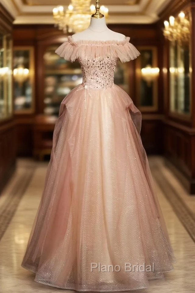 Chmpagne Pink Tulle Off the Shoulder Pearls Formal Prom Dresses
