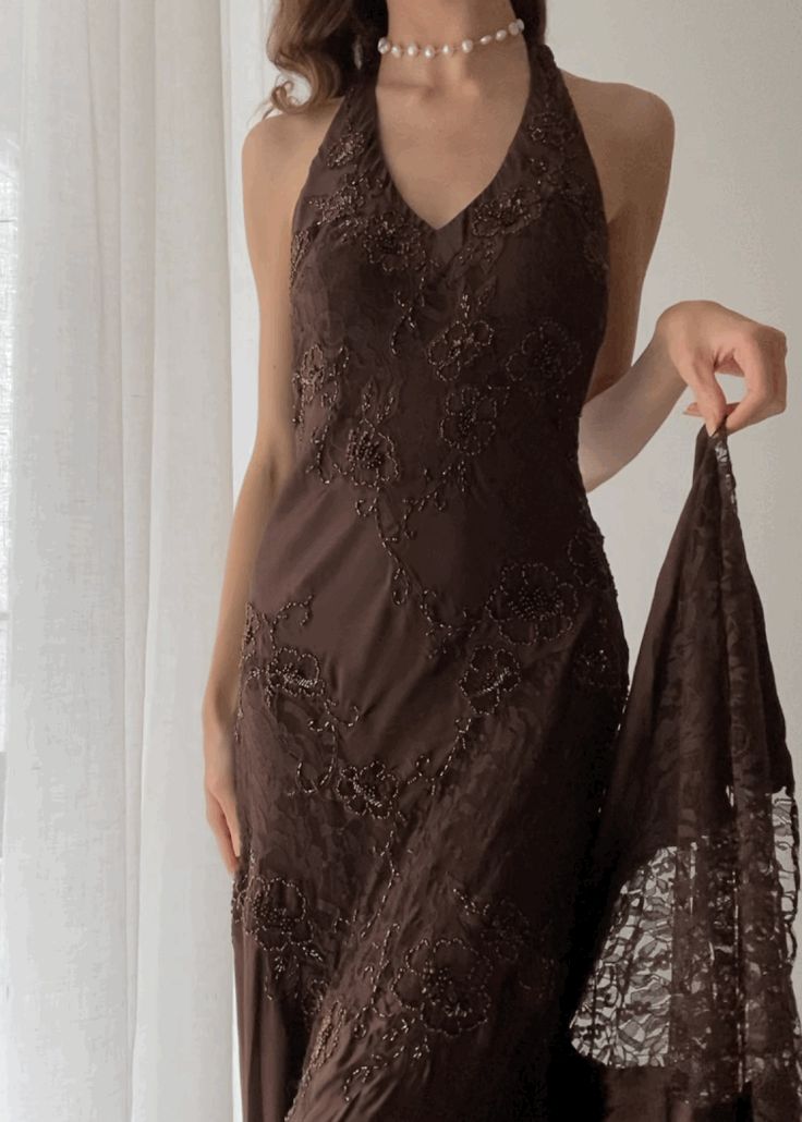 Brown Vintage Elegant Suspender Lace Spaghetti Strap Long Satin Ball Gown Formal Evening Dresses Secondary image