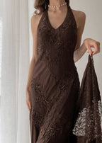 Brown Vintage Elegant Suspender Lace Spaghetti Strap Long Satin Ball Gown Formal Evening Dresses