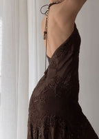 Brown Vintage Elegant Suspender Lace Spaghetti Strap Long Satin Ball Gown Formal Evening Dresses