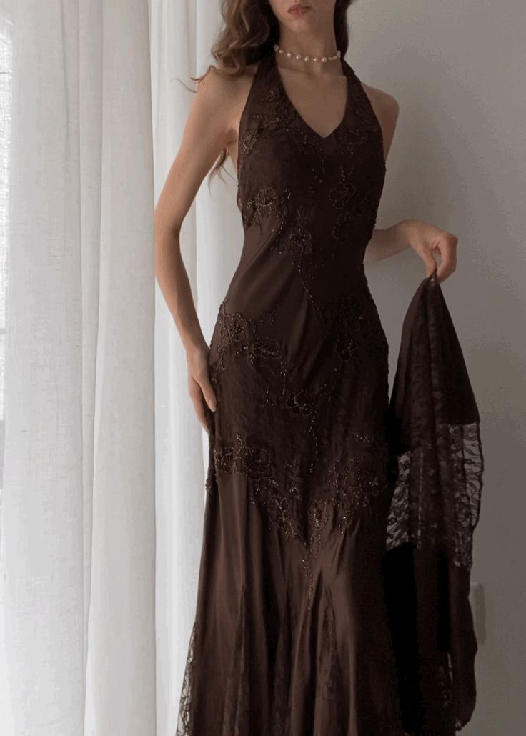 Brown Vintage Elegant Suspender Lace Spaghetti Strap Long Satin Ball Gown Formal Evening Dresses
