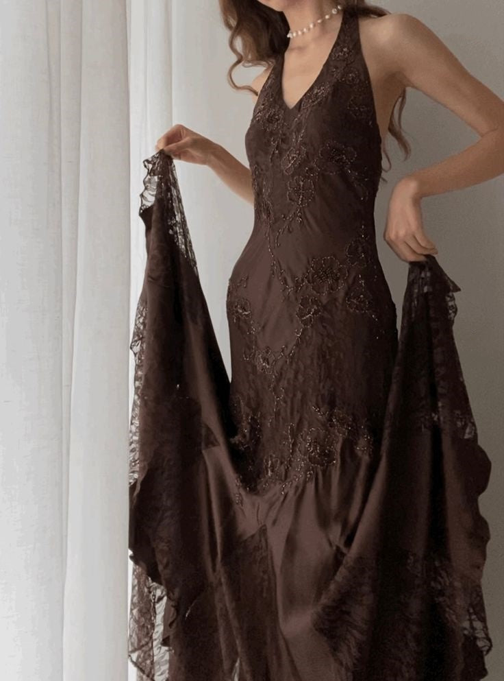 Brown Vintage Elegant Suspender Lace Spaghetti Strap Long Satin Ball Gown Formal Evening Dresses Main image