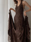 Brown Vintage Elegant Suspender Lace Spaghetti Strap Long Satin Ball Gown Formal Evening Dresses