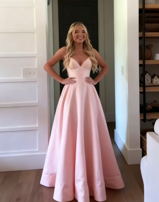 Classic A Line Spaghetti Straps Pastel Yellow Satin Long Formal Prom Dresses Formal Dresses