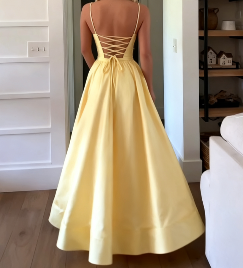 Classic A Line Spaghetti Straps Pastel Yellow Satin Long Formal Prom Dresses Formal Dresses