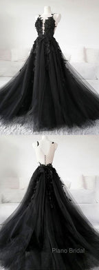 Classic Black Lace Tulle Long Formal Prom Dresses Black Formal Dresses