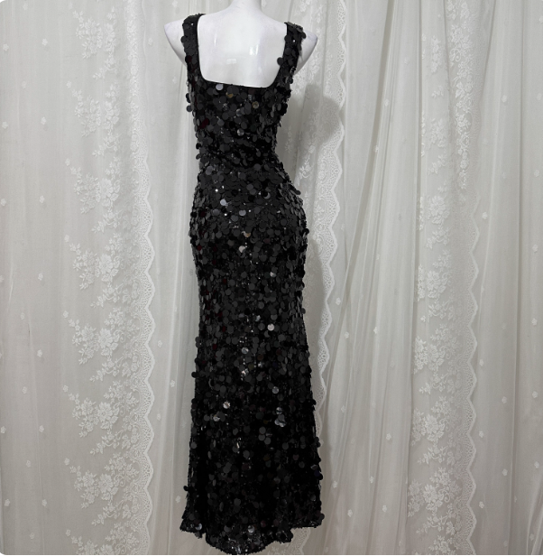 Classic Black Mermaid Square Neck Spaghetti Strap Sequin Long Formal Prom Dresses Secondary image