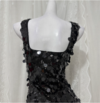 Classic Black Mermaid Square Neck Spaghetti Strap Sequin Long Formal Prom Dresses