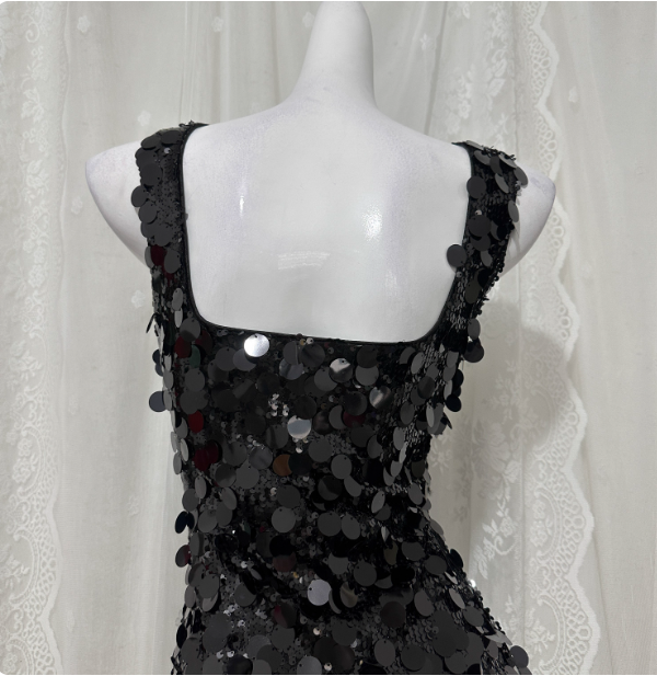 Classic Black Mermaid Square Neck Spaghetti Strap Sequin Long Formal Prom Dresses