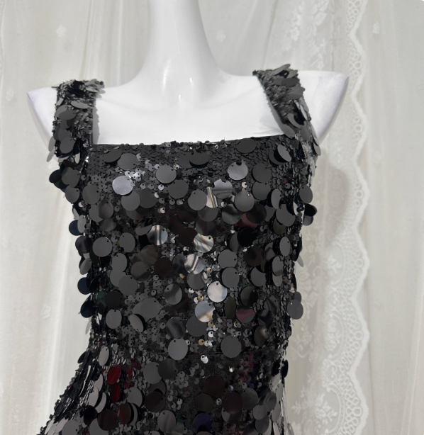 Classic Black Mermaid Square Neck Spaghetti Strap Sequin Long Formal Prom Dresses
