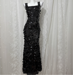 Classic Black Mermaid Square Neck Spaghetti Strap Sequin Long Formal Prom Dresses