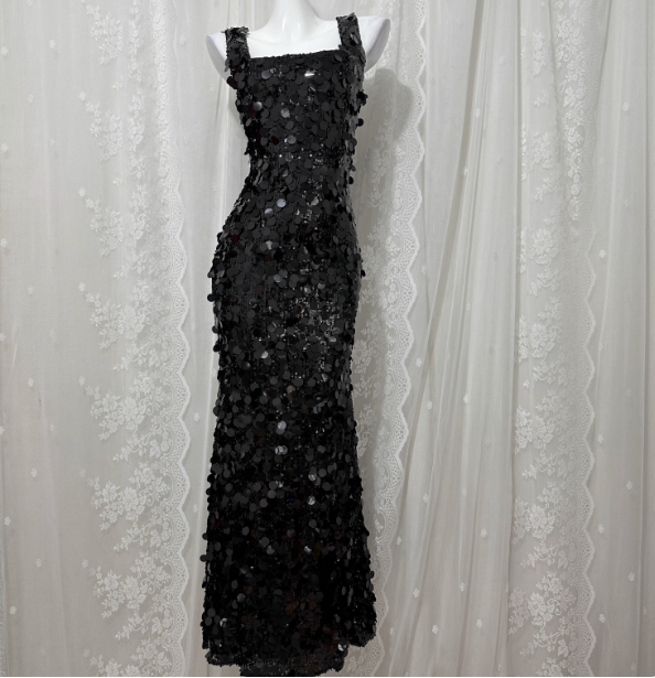 Classic Black Mermaid Square Neck Spaghetti Strap Sequin Long Formal Prom Dresses